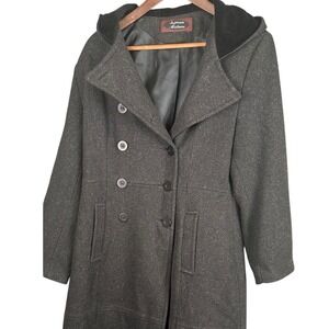 Stephanie Matthews Womens Charcoal Double Breasted Hooded Wool Blend Coat M 42"L